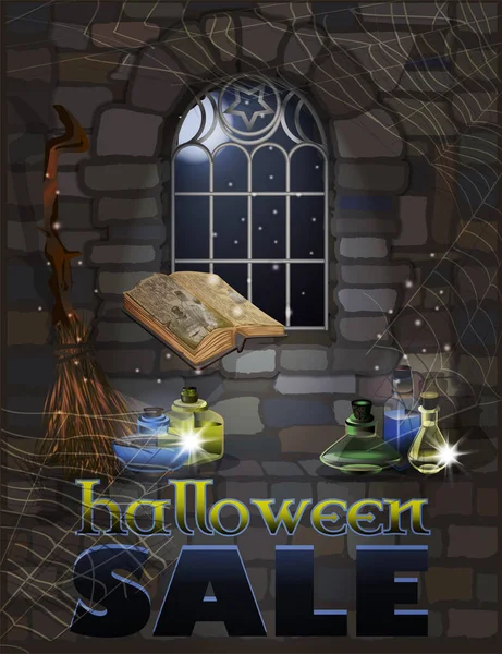 Halloween Sale Background Witj Books Broom Poison Vector Illustration - Stok Vektor