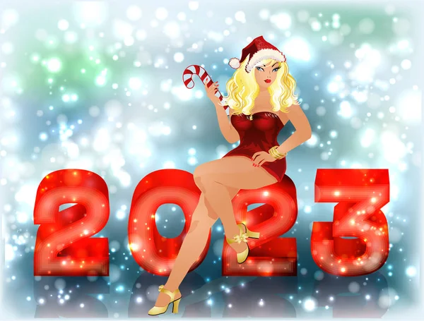 New 2023 Year Card Young Santa Claus Girl Vector Illustration — Διανυσματικό Αρχείο