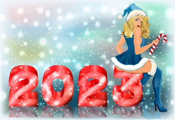 New 2023 Year Card Winter Sexy Santa Claus Girl Vector —  Vetores de Stock
