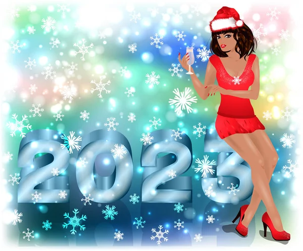 Happy New 2023 Year Banner Sexy Santa Claus Girl Vector — Vettoriale Stock