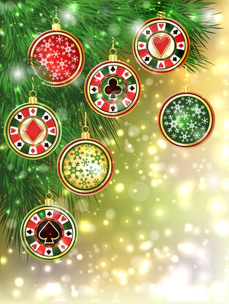 新年快乐 圣诞卡宾卡 装有扑克晶片和圣诞球 矢量图解 — 图库矢量图片