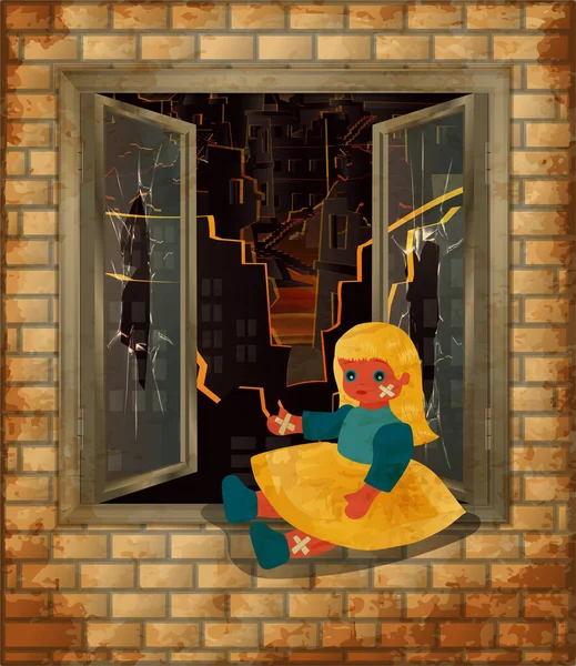 Стоп Картка Війни Маленька Лялька Сидить Зламаному Вікні Векторна Ілюстрація — стоковий вектор