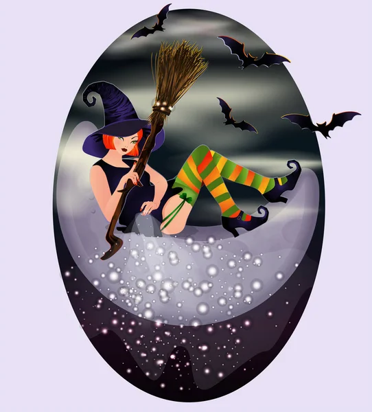Lua Halloween Bruxa Cabelo Vermelho Convite Cartão Vip Ilustração Vetorial — Vetor de Stock