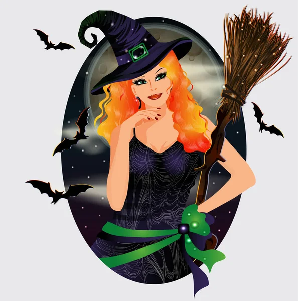 Halloween Uitnodiging Kaart Maan Rood Haar Heks Vector Illustratie — Stockvector