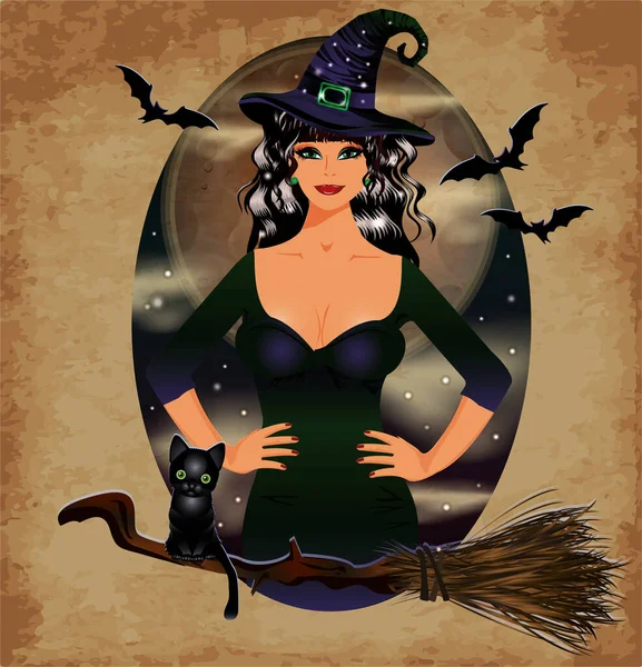 Happy Halloween Einladungskarte Vollmond Schwarze Katze Und Sexuelle Hexe Vektorillustration — Stockvektor