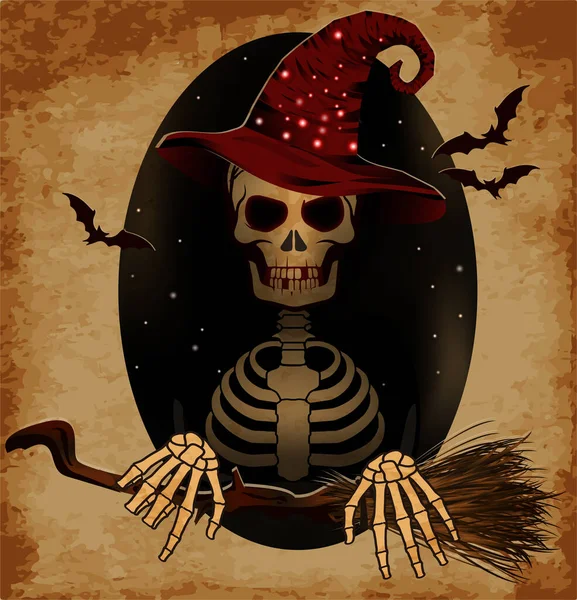 Happy Halloween Card Skeleton Witch Broom Vector Illustration — Stock Vector