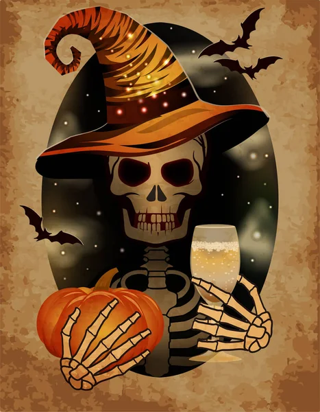 Happy Halloween Karte Niedliches Skelett Mit Weinglas Und Kürbis Vektorillustration — Stockvektor