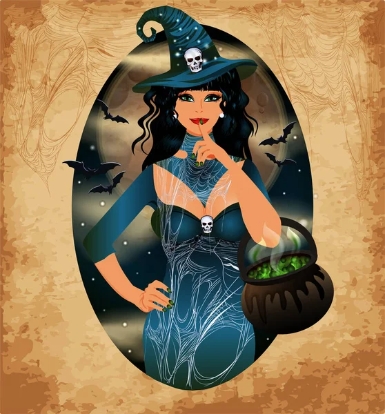 Feliz Halloween Vip Card Bruja Sexual Poción Mágica Ilustración Vectorial — Vector de stock