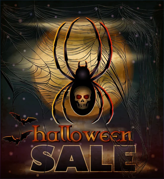 Happy Halloween Sale Card Spider Full Moon Vector Illustration — Stock Vector