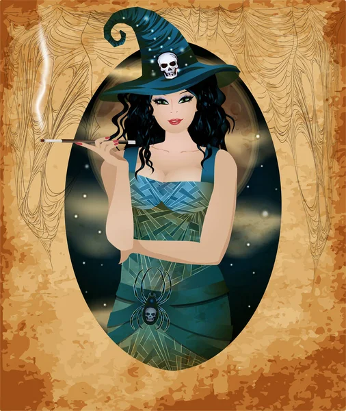 Boldog Halloween Vip Kártyát Fekete Hajú Boszorkány Dohányzik Egy Cigaretta — Stock Vector