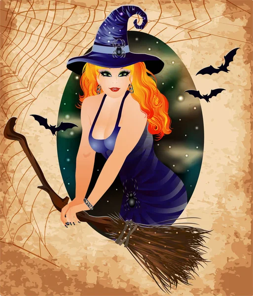 Happy Halloween Uitnodigingskaart Rode Haar Heks Vector Illustratie — Stockvector