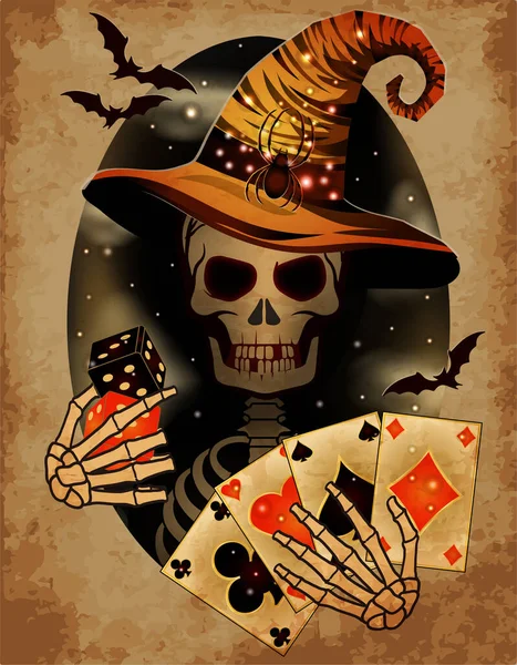 ハッピーハロウィンカジノの背景 ポーカーカードとサイコロでかわいいスケルトン ベクトルイラスト — ストックベクタ