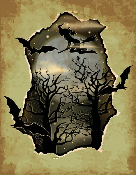 Buon Biglietto Auguri Halloween Foresta Nera Strega Illustrazione Vettoriale — Vettoriale Stock