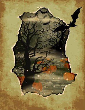 Mutlu Cadılar Bayramı kartı, Kara Orman ve Balkabağı, vektör illüstrasyonu