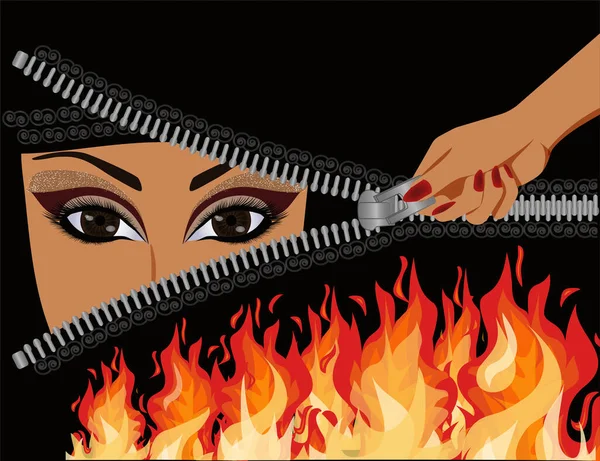 Muslim Arab Woman Woman Niqab Flame Female Hand Opens Zipper — Stock Vector