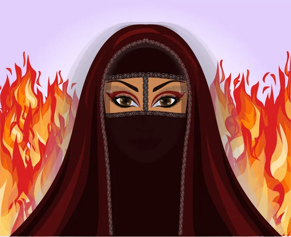 Mulher Muçulmana Árabe Burka Fogo Papel Parede Ilustração Vetorial —  Vetores de Stock