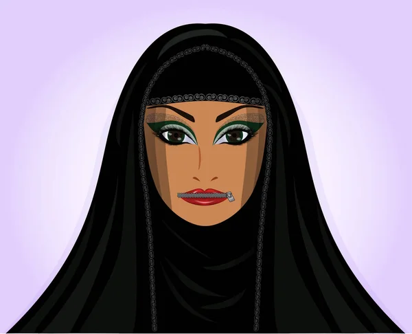 ヒジャーブのイスラム教徒のアラブ人女性 口はジッパーで閉じ 背景ベクトルイラスト — ストックベクタ