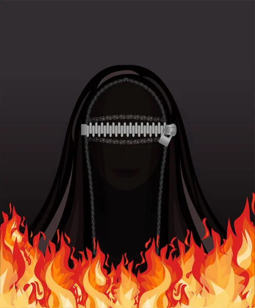 Mujer Musulmana Burka Con Cremallera Fuego Ilustración Vector Fondo — Vector de stock