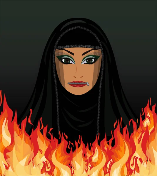 Muslim Arab Woman Hijab Fire Mouth Closed Zipper Background Vector — Stock Vector