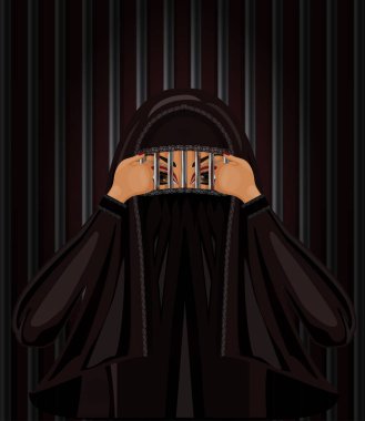Burka hapishane gibi. Burka giyen Arap Müslüman kadın kafesi demir ızgaradan kırıyor.