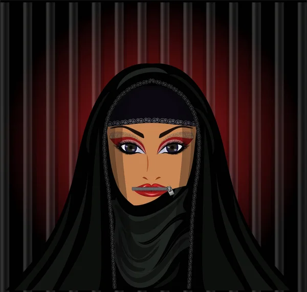 ブルカは刑務所のようだ イスラム教徒の女性の口はジッパーで閉じ ベクトルイラスト — ストックベクタ