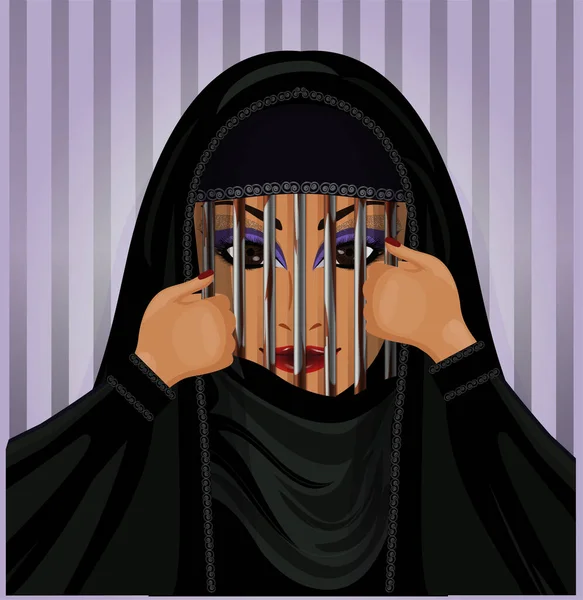 Burka Prison Arab Muslim Woman Burqa Breaks Cage Iron Grate — Stock Vector