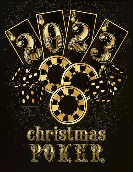 Szczęśliwego Nowego 2023 Roku Christmas Casino Tapeta Kartami Pokerowymi Kości — Wektor stockowy