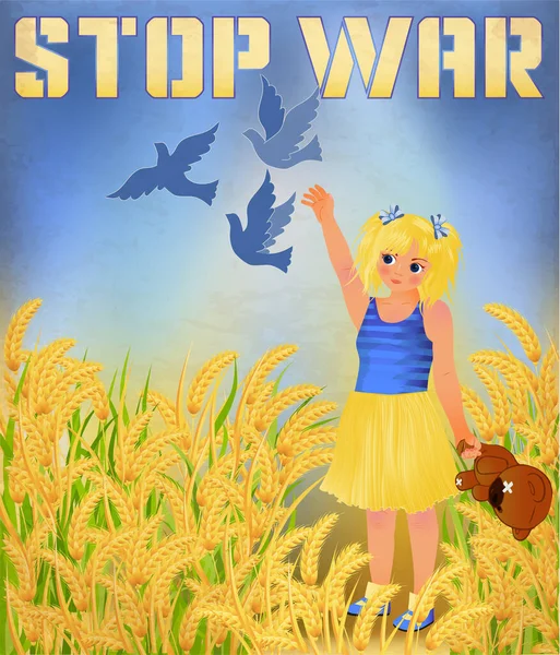 Ukrayna Daki Savaşı Durdurun Oyuncak Ayılı Güvercinli Küçük Kız Vektör — Stok Vektör