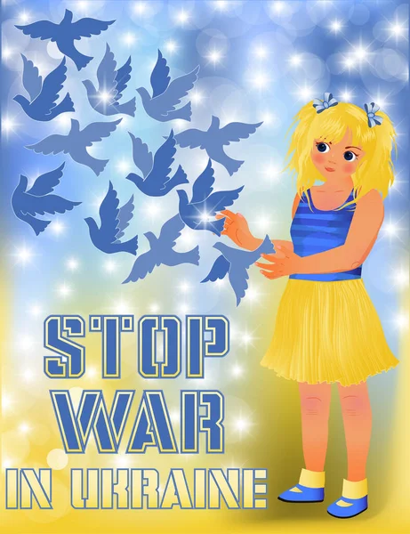Ukrayna Daki Savaşı Durdurun Güvercinli Küçük Kız Vektör Illüstrasyonu — Stok Vektör