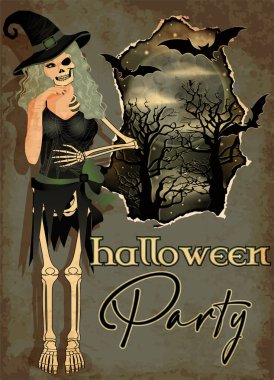 Cadılar Bayramı Partisi VIP kartı, cadı iskeleti ziyafete davetli, vektör illüstrasyonu