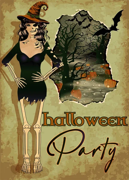 Halloween Party Wenskaart Heksenskelet Nodigt Uit Voor Het Feest Vector — Stockvector