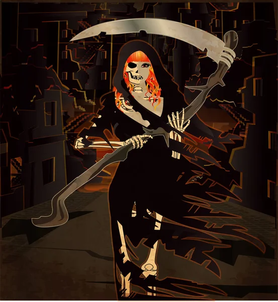 Redhair Lady Grim Reaper Μια Κατεστραμμένη Πόλη Διανυσματική Απεικόνιση — Διανυσματικό Αρχείο