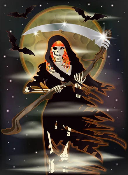 Rood Haar Lady Grim Reaper Halloween Uitnodiging Kaart Vector Illustratie — Stockvector