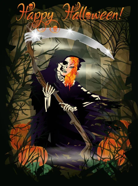 Joyeux Halloween Carte Vip Redhair Lady Grim Reaper Illustration Vectorielle — Image vectorielle