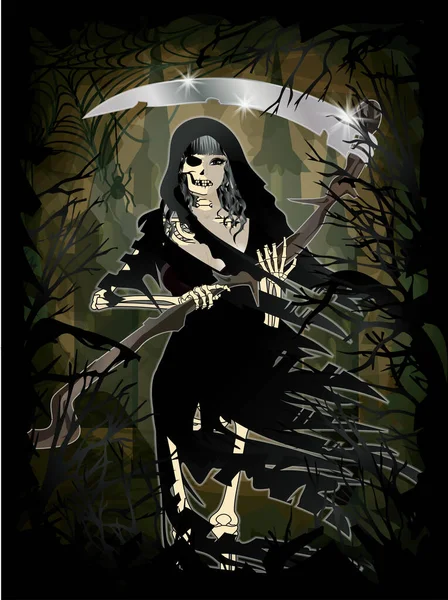 Lady Grim Reaper Forêt Noire Illustration Vectorielle Carte Vip Halloween — Image vectorielle