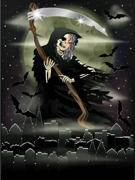 Lady Grim Reaper Stad Halloween Vip Kaart Vector Illustratie — Stockvector