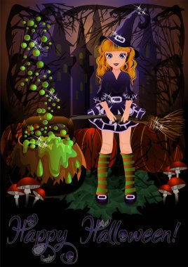 Cadılar Bayramı kartı, süpürge ve iksirli küçük cadı, vektör çizimi.