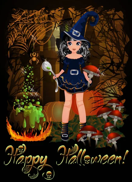 Tarjeta Halloween Pequeña Bruja Linda Con Cuchara Amanita Cocina Una — Vector de stock