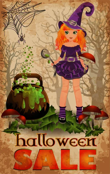 Boldog Halloween Eladó Kártya Kis Boszorkány Kanállal Vektor Illusztráció — Stock Vector
