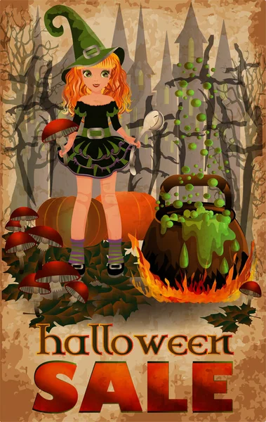 Feliz Tarjeta Venta Halloween Pequeña Bruja Linda Con Cuchara Ilustración — Vector de stock