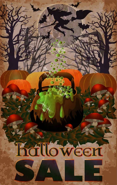 Halloween Sale Card Full Moon Potion Vector Illustration — Stock Vector
