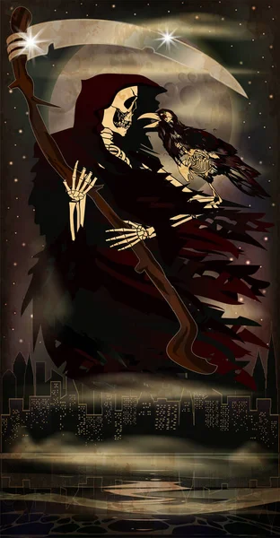 Grim Reaper Скелетом Ворон Нічному Місті Хеллоуїн Карта Векторні Ілюстрації — стоковий вектор