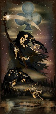 Cadılar Bayramı poker kartı Grim Reaper ile gece şehrinde karga iskeleti, vektör illüstrasyonu
