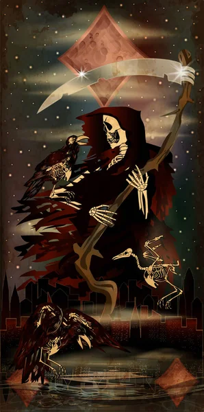 Cadılar Bayramı poker kartı Grim Reaper gece şehrinde karga iskeleti ile, vektör illüstrasyon
