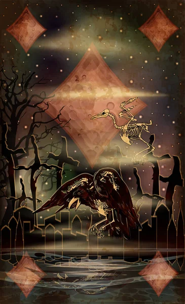 Halloween Poker Diamants Carte Cimetière Arbre Corbeau Mort Illustration Vectorielle — Image vectorielle