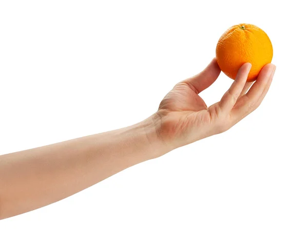 Apelsinfrukt Handen Väg Isolerad Vit — Stockfoto