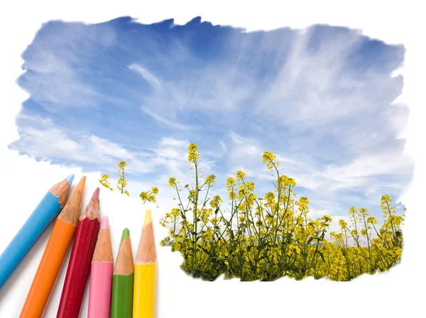 Színes ceruza rajz szabad kék ég táj — Stock Fotó