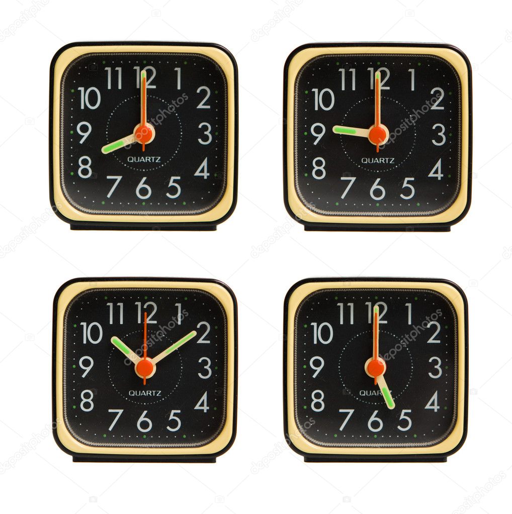 Small clocks showing various time of the day