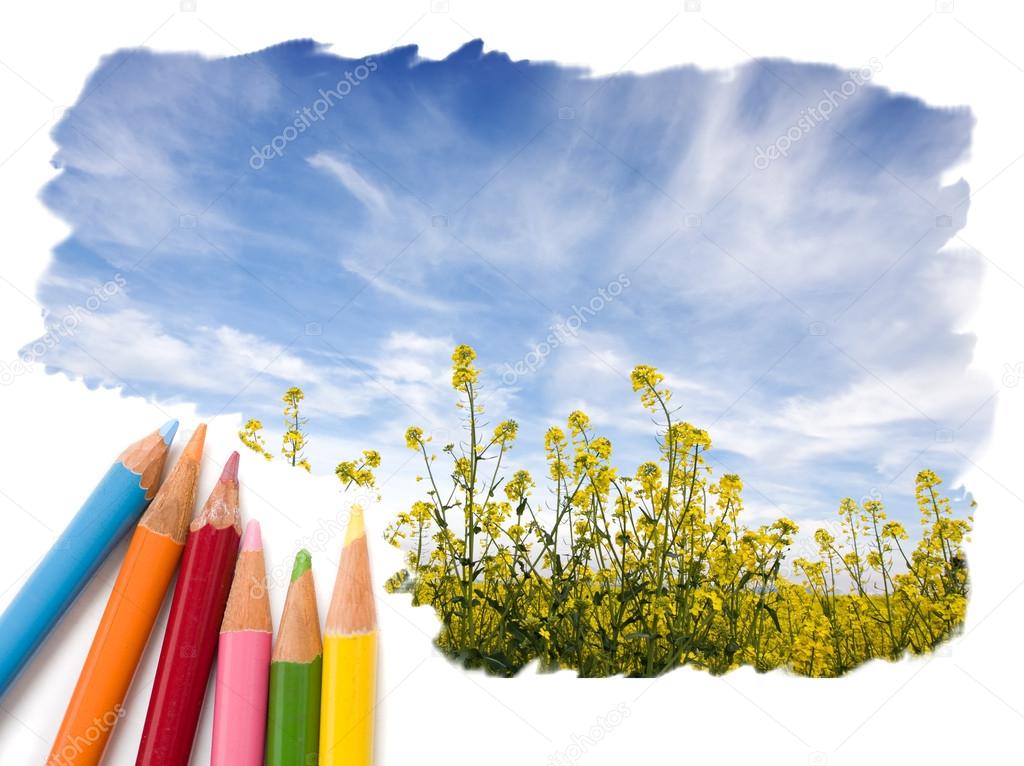 Color pencil drawing open blue sky landscape