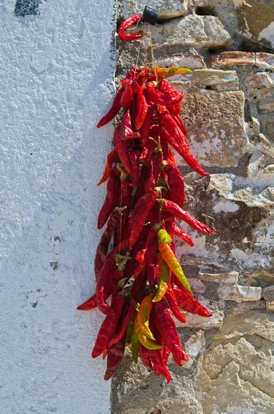 Pimentas vermelhas penduradas na parede . — Fotografia de Stock